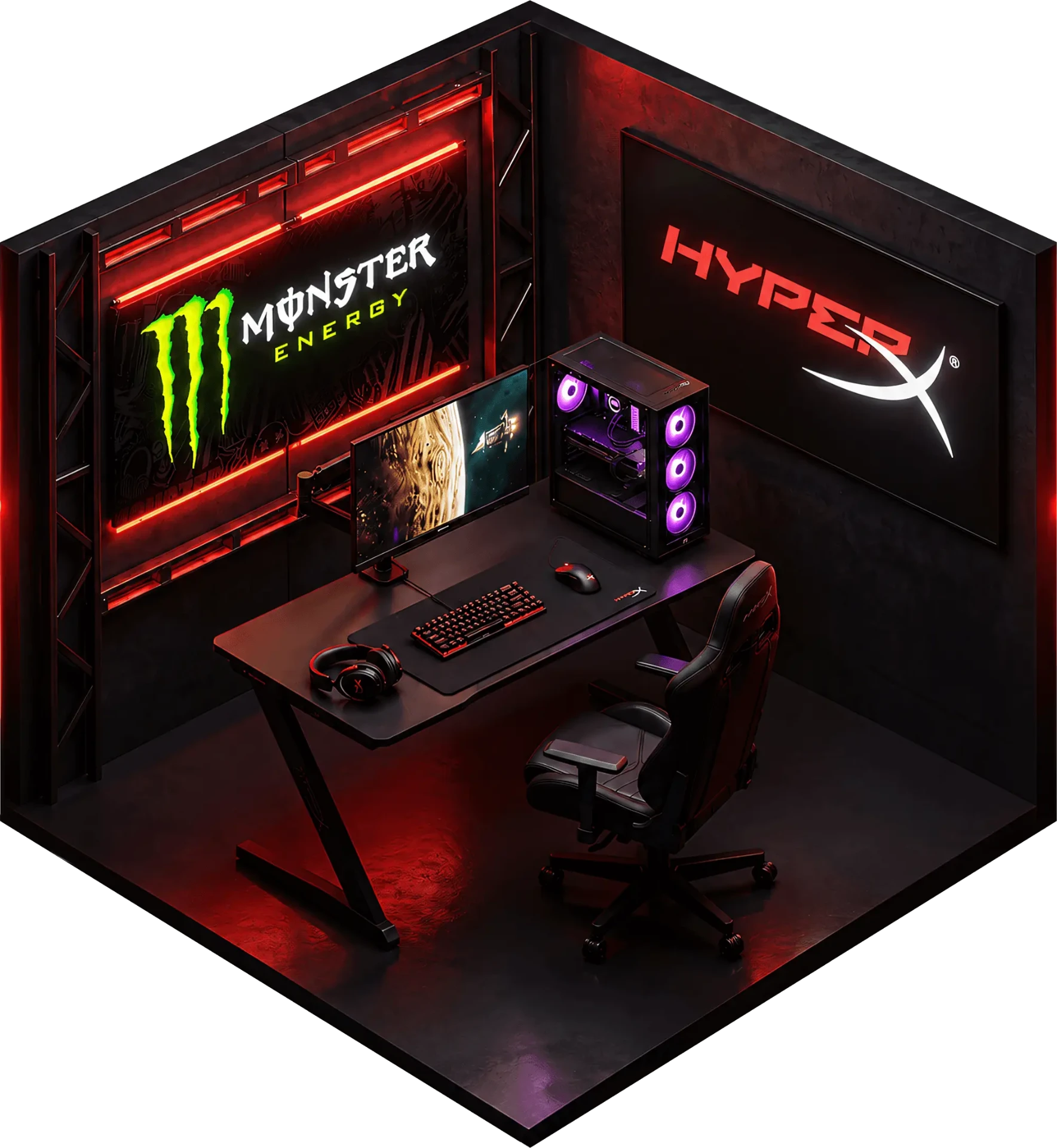 Ізометричний вигляд ігрового місця ARENA 27: монітор HyperX, ПК з підсвіткою, механічна клавіатура, навушники, килимок та крісло Anda Seat